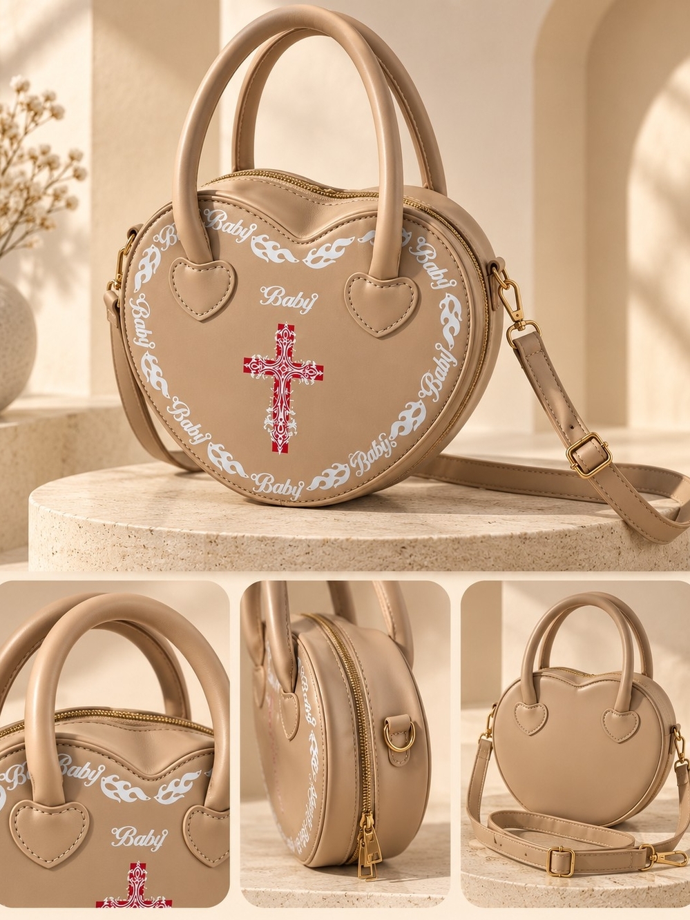 Beige Heart Cross Mini Satchel Bag with Removable Strap